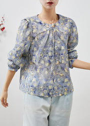 Elegant O-Neck Print Linen Blouses Spring