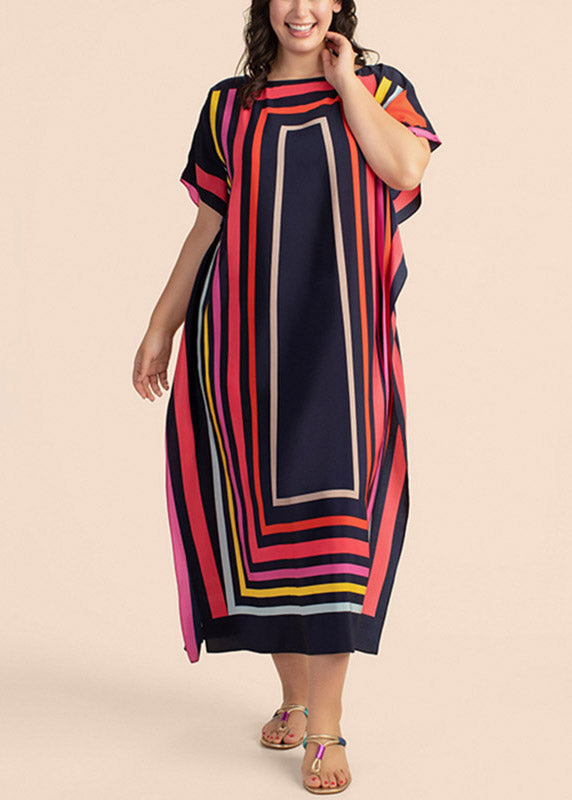 Elegant O-Neck Striped Patchwork Side Open Maxi Beach Dresses Short Sleeve