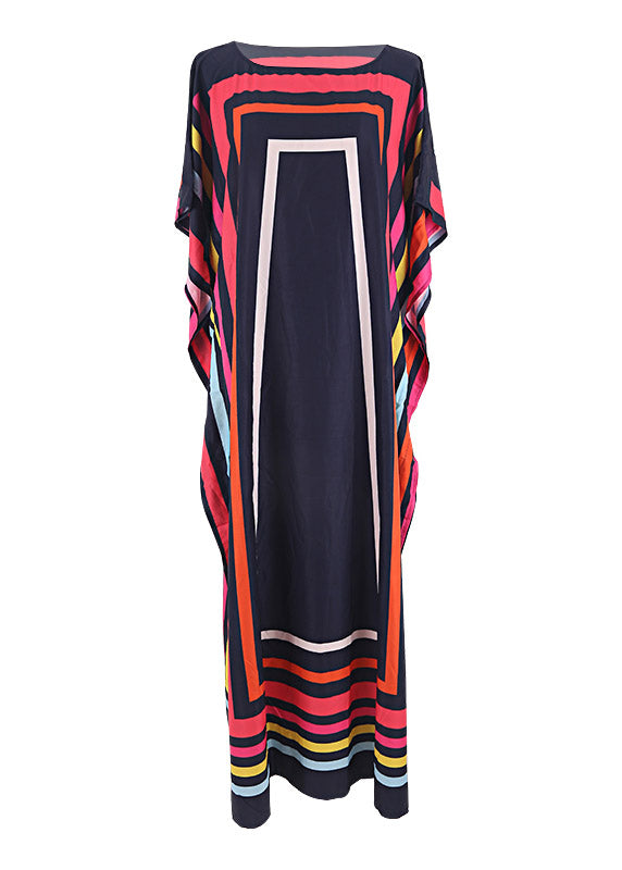 Elegant O-Neck Striped Patchwork Side Open Maxi Beach Dresses Short Sleeve