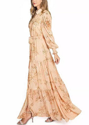 Elegant Orange Button Print Cotton Maxi Dresses Long Sleeve