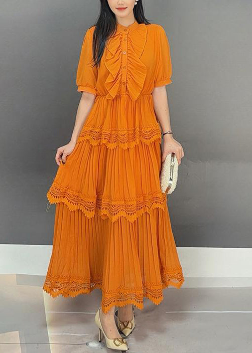 Elegant Orange Button Wrinkled Solid Long Dress Summer