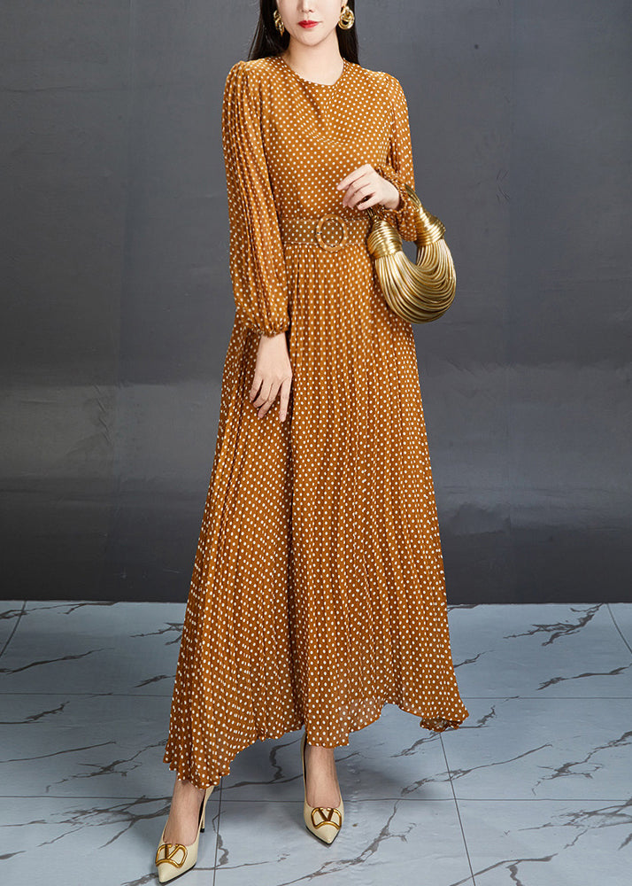 Elegant Orange Dot High Waist Chiffon Long Dress Fall