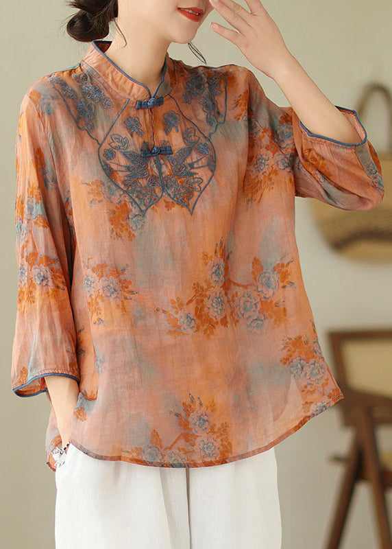 Elegant Orange Embroidered Print Cotton Shirts Half Sleeve