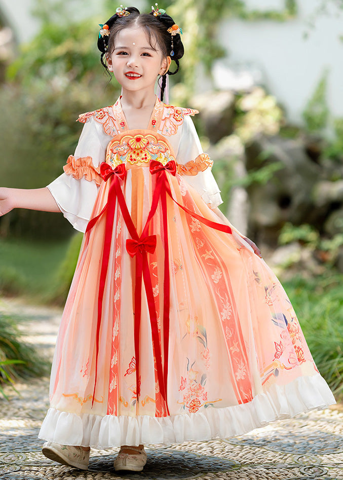 Elegant Orange Embroideried Ruffled Bow Kids Long Dress Summer