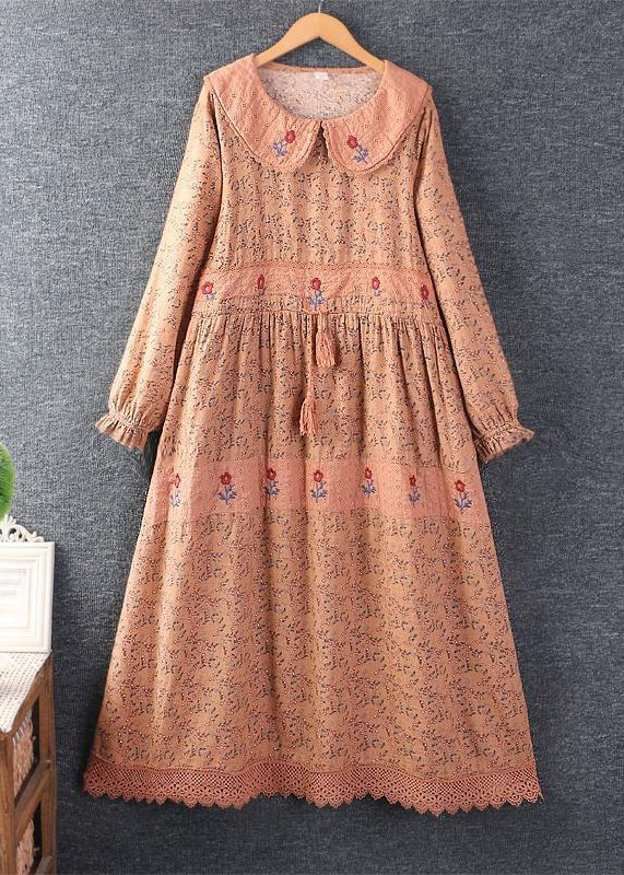 Elegant Orange Embroideried Tie Waist Pockets Linen Dresses Spring