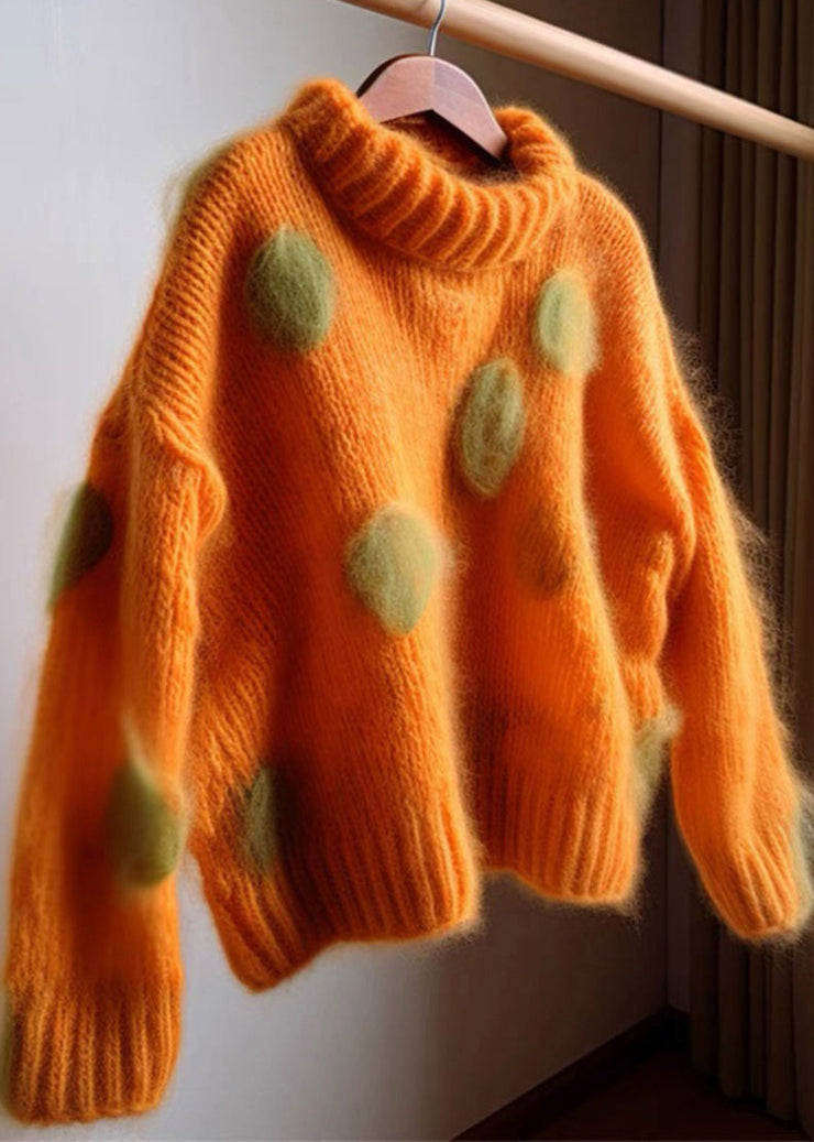 Elegant Orange Hign Neck Cashmere Knit Sweaters Fall