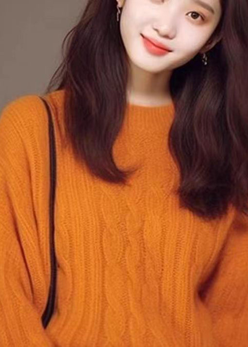 Elegant Orange O Neck Cozy Cotton Knit Sweaters Fall