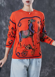 Elegant Orange O-Neck Print Knit Pullover Spring