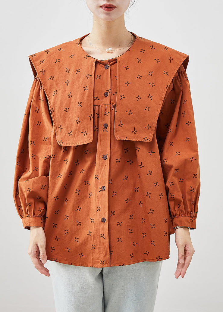 Elegant Orange Oversized Print Cotton Tops Fall