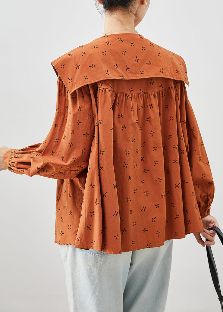 Elegant Orange Oversized Print Cotton Tops Fall