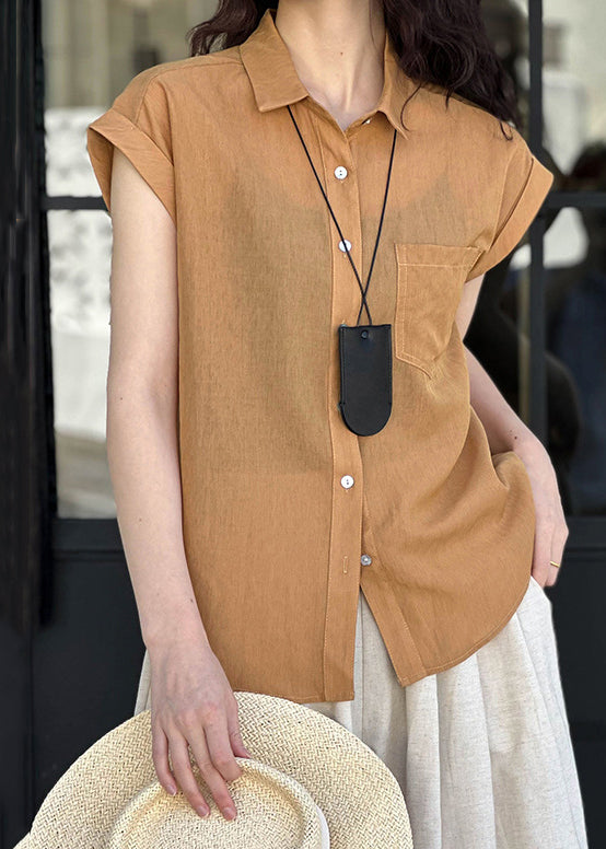 Elegant Orange Peter Pan Collar Button Silk Cotton Shirt Summer