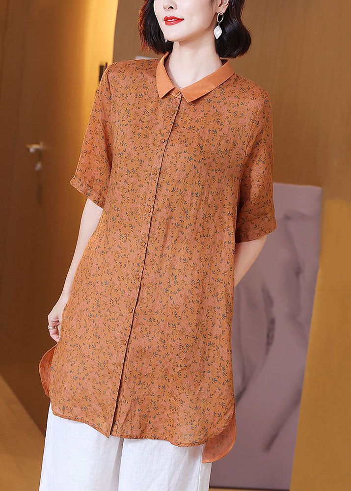 Elegant Orange Peter Pan Collar Print Patchwork Linen Shirts Top Summer