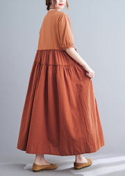 Elegant Orange Ruffled Patchwork Exra Large Hem Cotton Long Dress Summer