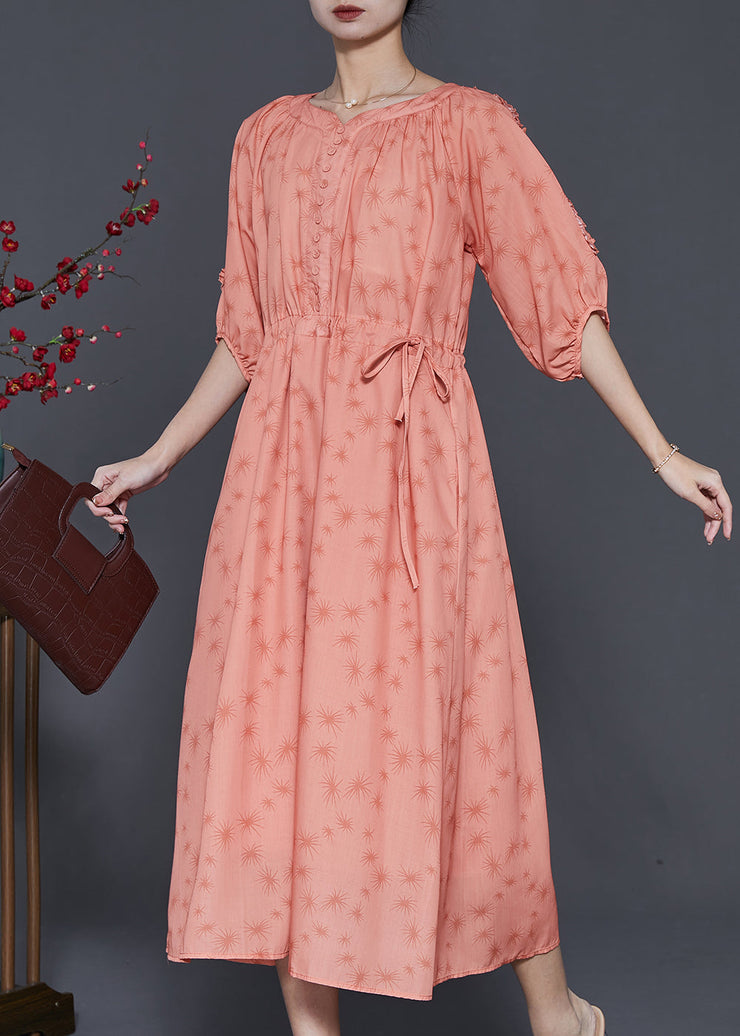 Elegant Orange Ruffled Print Linen Cinched Dress Summer