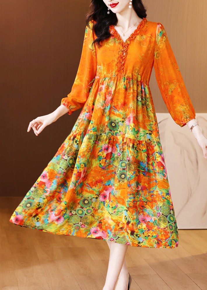 Elegant Orange Ruffled Print Patchwork Silk Long Dress Spring