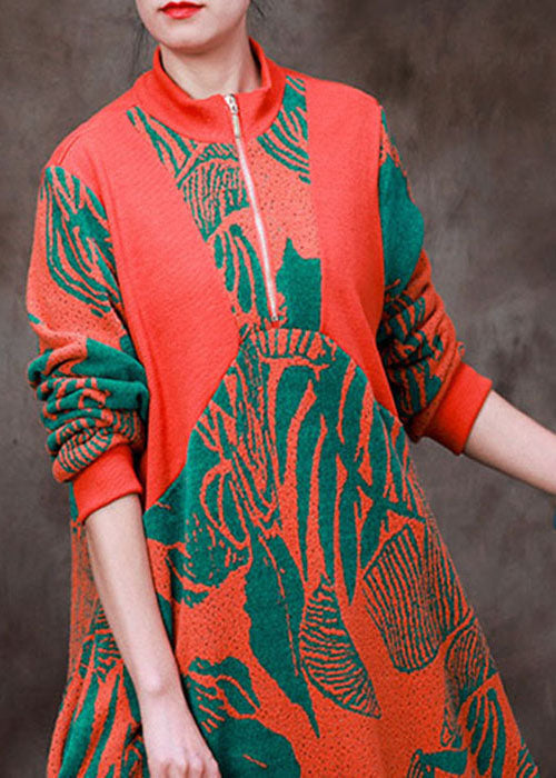 Elegant Orange Stand Collar Zip Up Jacquard Knit Robe Dresses Long Sleeve