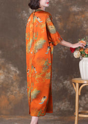 Elegant Orange V Neck Button Print Silk Long Dresses Summer