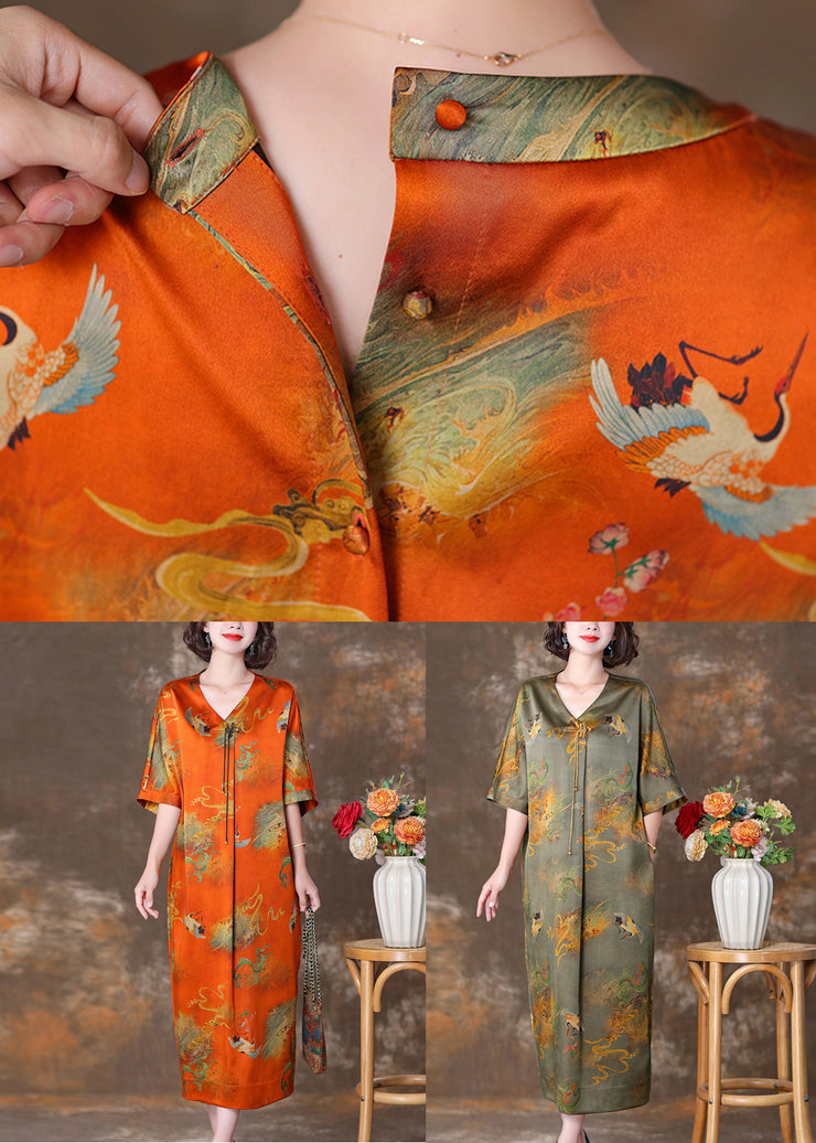 Elegant Orange V Neck Button Print Silk Long Dresses Summer