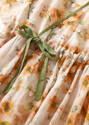 Elegant Orange V Neck Lace Up Print Linen Dresses Summer