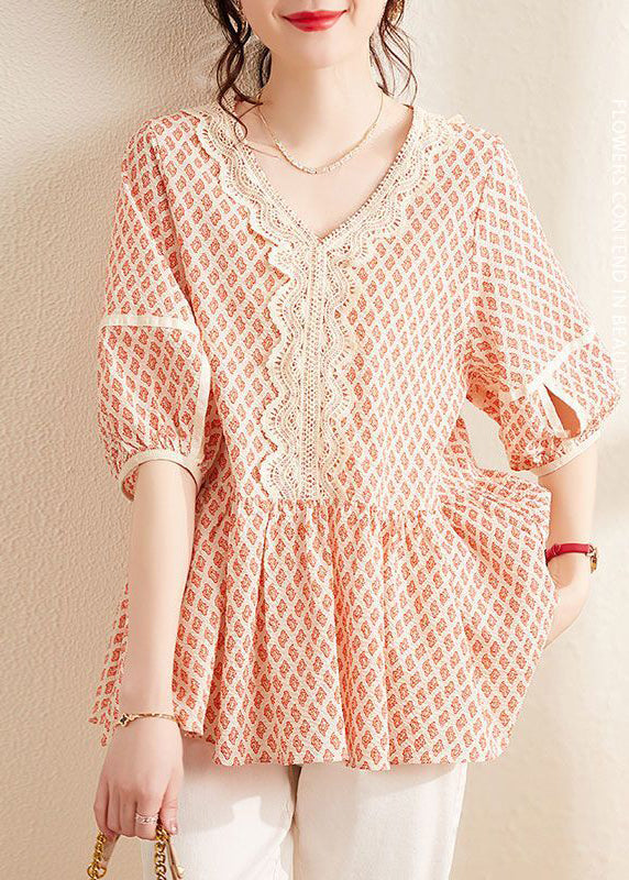 Elegant Orange V Neck Print Cotton Blouses Summer