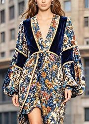 Elegant Patchwork Low High Design Silk Velvet Vestidos Dress Lantern Sleeve