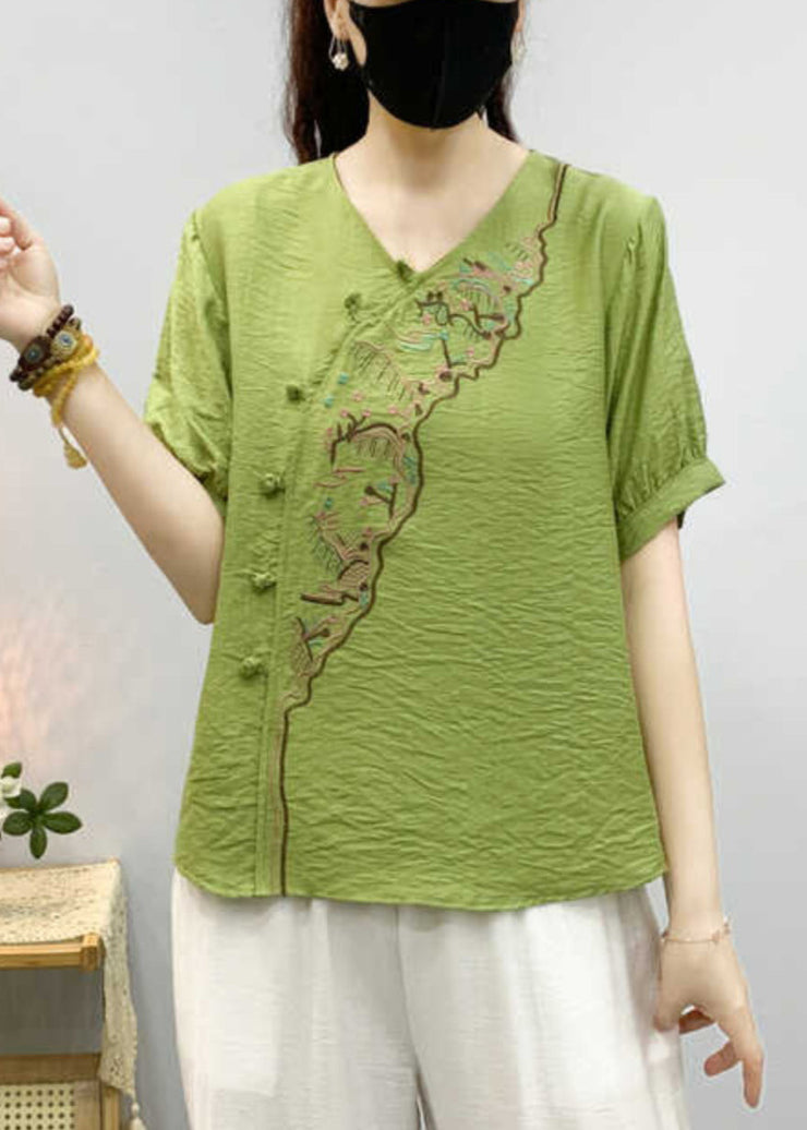 Elegant Pea Green Embroidered Button Linen Shirts Summer