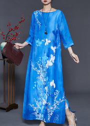 Elegant Peacock Blue Print Side Open Linen Dress Bracelet Sleeve