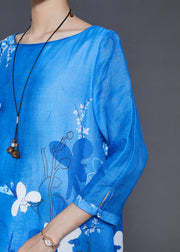 Elegant Peacock Blue Print Side Open Linen Dress Bracelet Sleeve