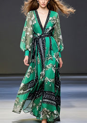 Elegant Peacock Green Cinched Print Chiffon Maxi Dresses Fall