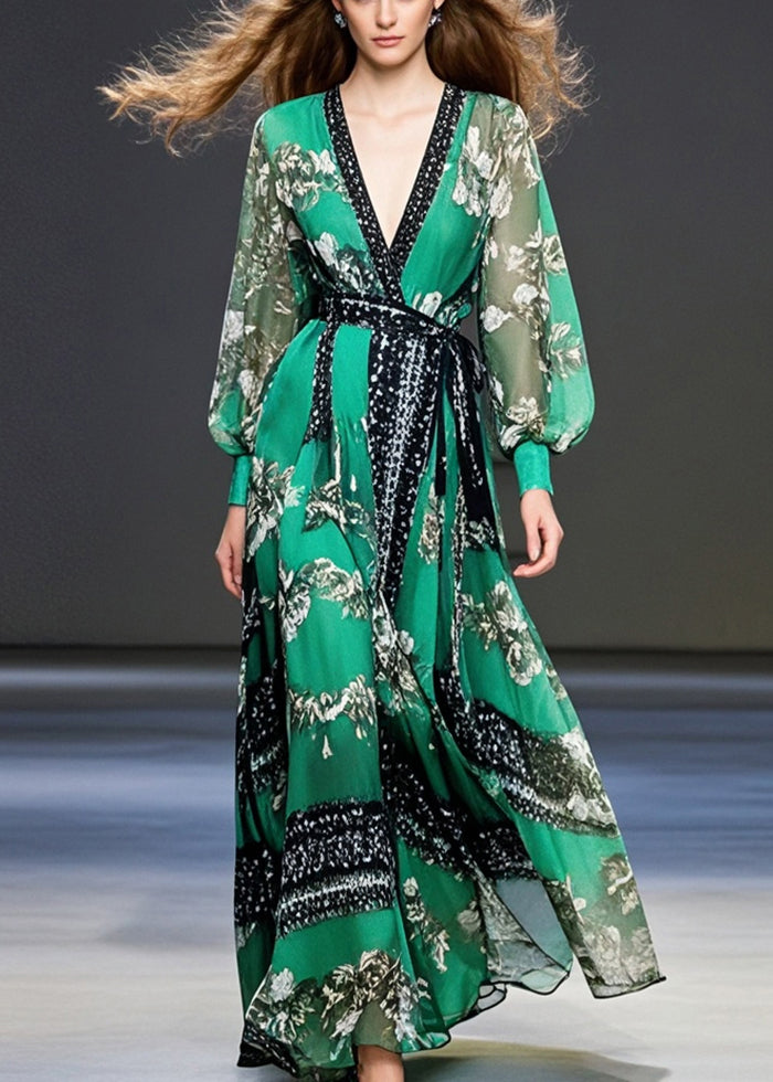 Elegant Peacock Green Cinched Print Chiffon Maxi Dresses Fall