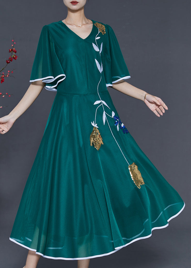 Elegant Peacock Green Embroidered Silk Long Dresses Summer