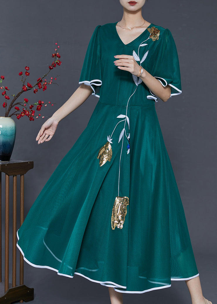 Elegant Peacock Green Embroidered Silk Long Dresses Summer