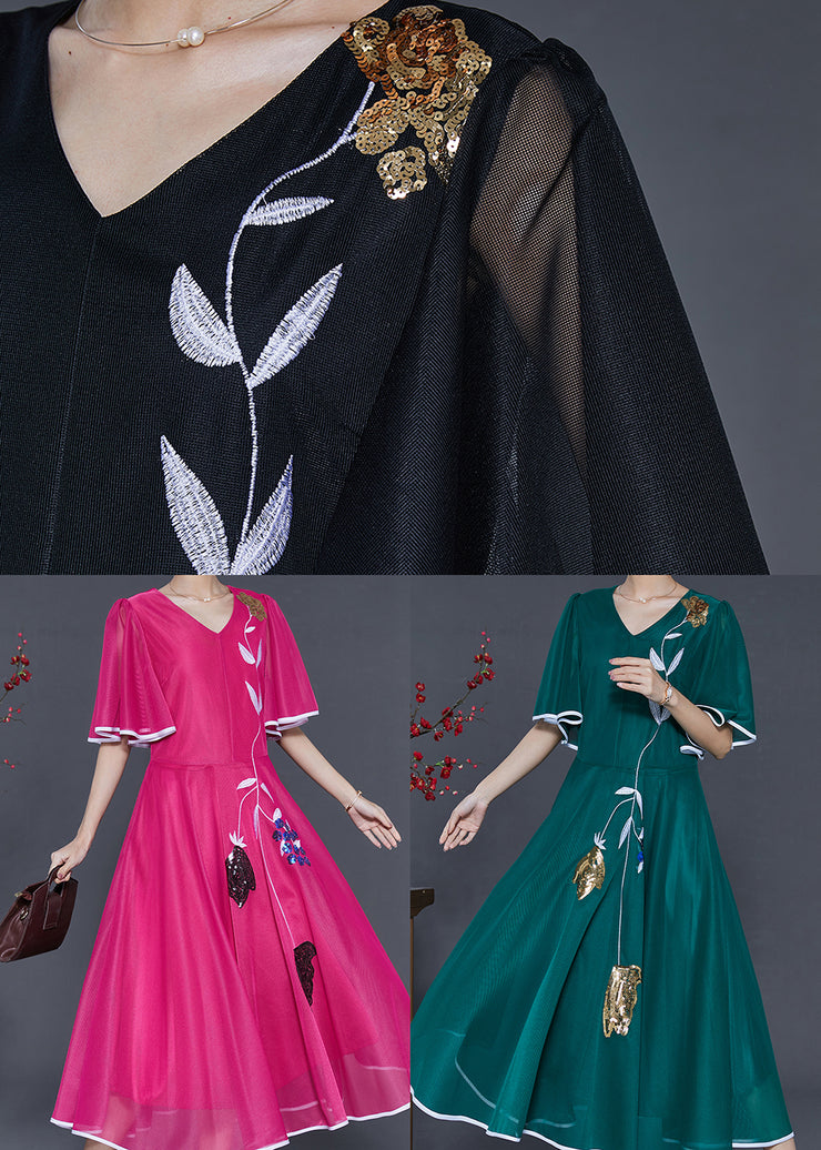 Elegant Peacock Green Embroidered Silk Long Dresses Summer