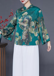 Elegant Peacock Green Mandarin Collar Print Silk Top Flare Sleeve