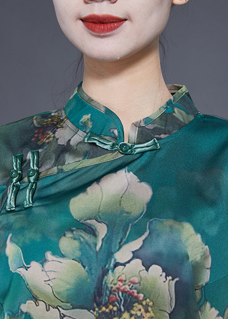 Elegant Peacock Green Mandarin Collar Print Silk Top Flare Sleeve