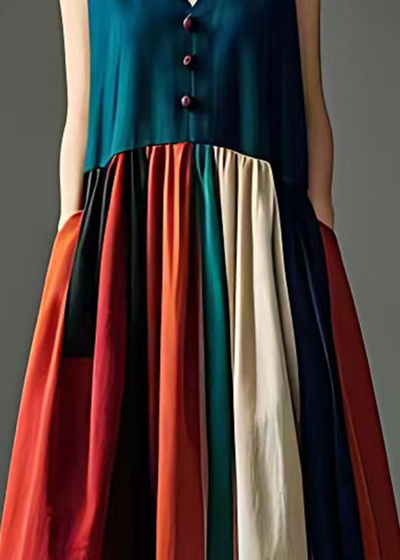 Elegant Peacock Green V Neck Patchwork Cotton Long Dress Sleeveless