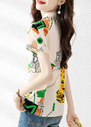 Elegant Peter Pan Collar Print Chiffon Shirt Short Sleeve