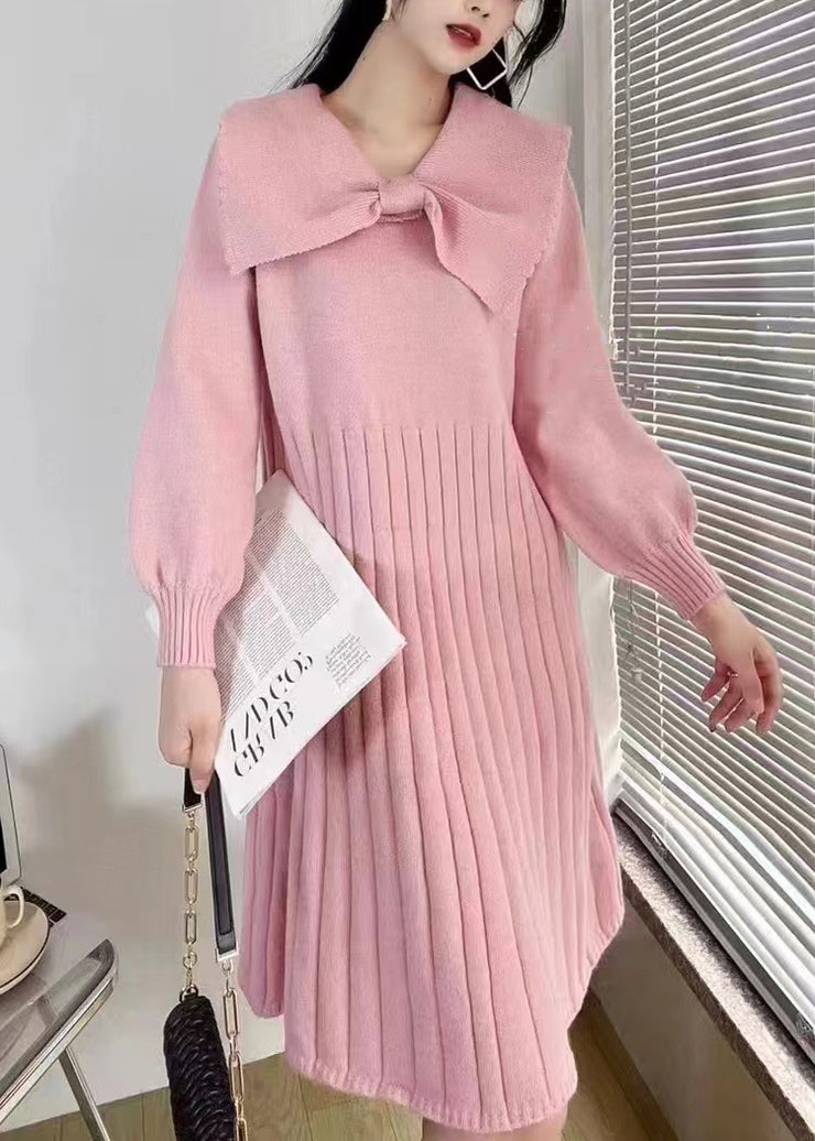 Elegant Pink Bow Wrinkled Knit Sweater Dress Winter