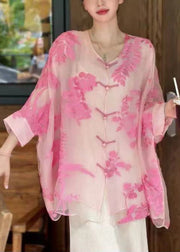 Elegant Pink Button Print Silk Cotton Blouse Batwing Sleeve