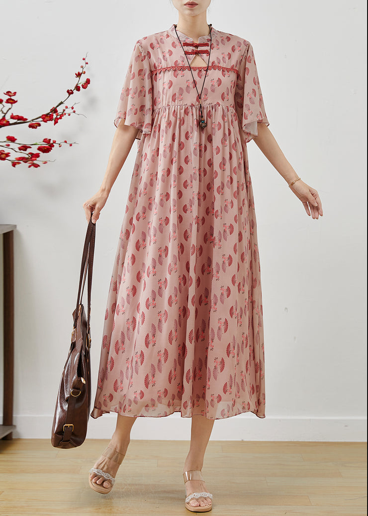 Elegant Pink Chinese Button Print Chiffon Dress Summer