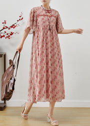 Elegant Pink Chinese Button Print Chiffon Dress Summer