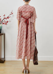 Elegant Pink Chinese Button Print Chiffon Dress Summer