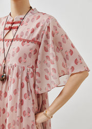 Elegant Pink Chinese Button Print Chiffon Dress Summer