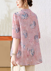 Elegant Pink Chinese Button Print Chiffon Shirt Summer