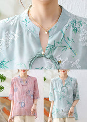 Elegant Pink Chinese Button Print Chiffon Shirt Summer