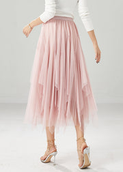 Elegant Pink Elastic Waist Exra Large Hem Tulle Skirts Fall