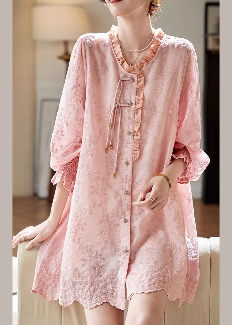 Elegant Pink Embroidered Ruffled Patchwor Button Mid Shirt Dresses Fall