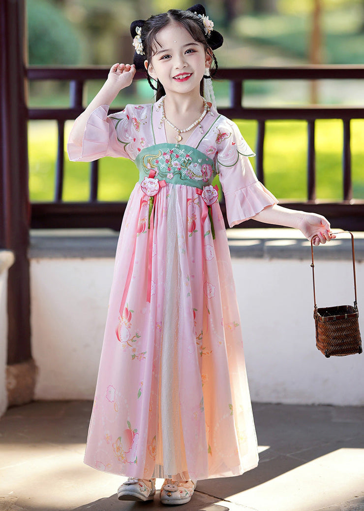 Elegant Pink Embroideried Patchwork Tassel Girls Maxi Dresses Flare Sleeve