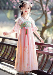 Elegant Pink Embroideried Patchwork Tassel Girls Maxi Dresses Flare Sleeve