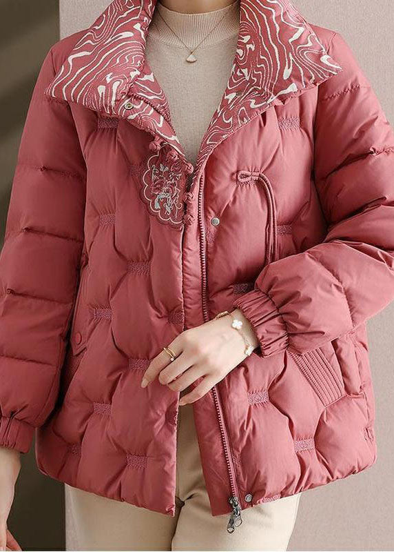 Elegant Pink Embroideried Stand Collar Duck Down Puffers Jackets Winter